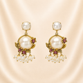 Elegant Gold-Toned Pearl Drop Earrings with Pink Floral Accents