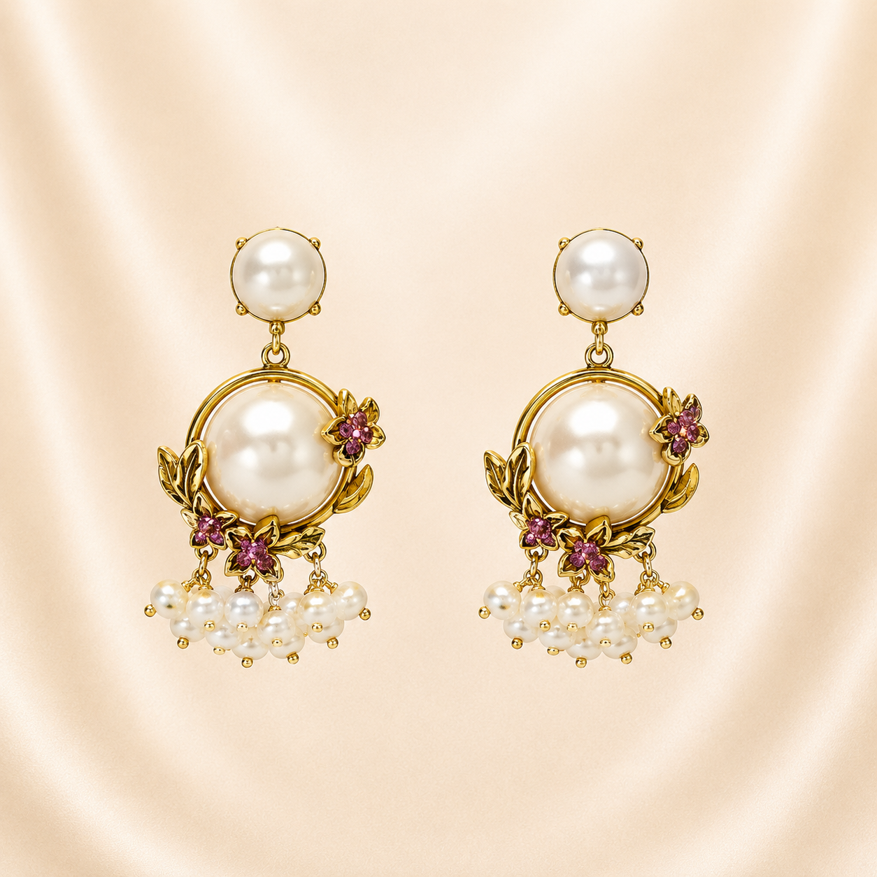 Elegant Gold-Toned Pearl Drop Earrings with Pink Floral Accents