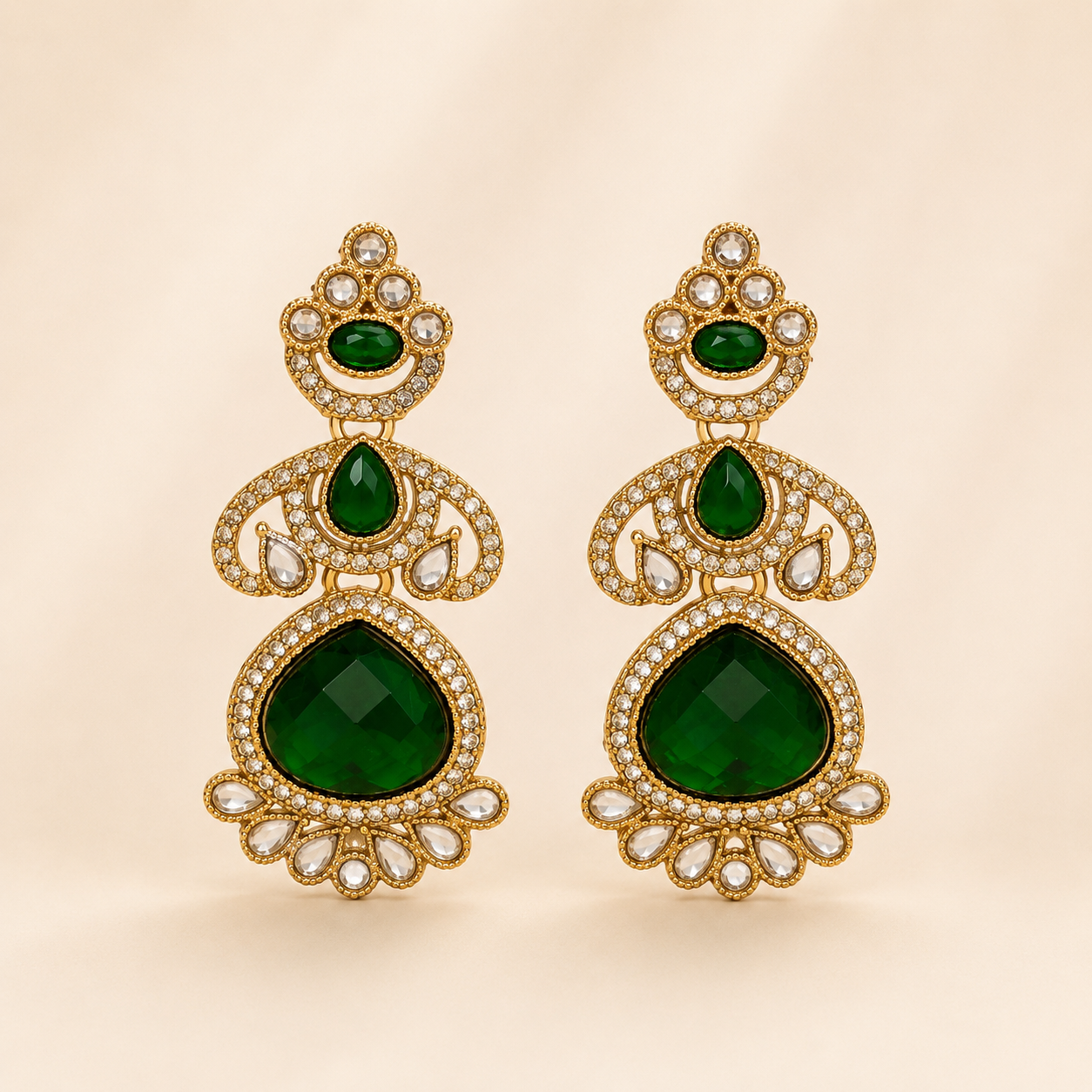 Regal Gold-Toned Emerald-Green &amp; Pave Crystal Statement Chandelier Earrings