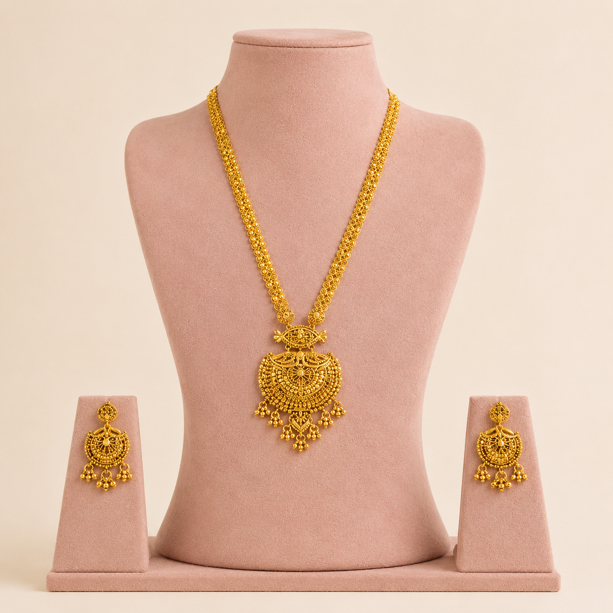 Intricate Temple Style Long Necklace &amp; Jhumka Earring Set