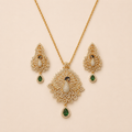 Majestic Gold-Toned Pave Crystal Peacock Pendant Set with Emerald-Green Drops