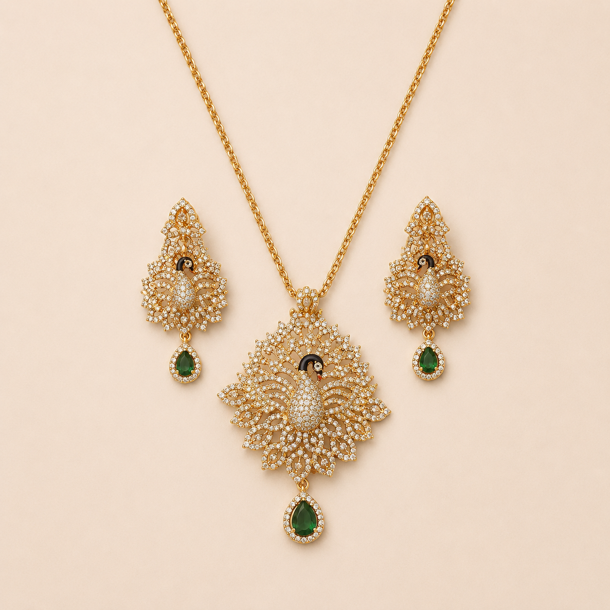 Majestic Gold-Toned Pave Crystal Peacock Pendant Set with Emerald-Green Drops