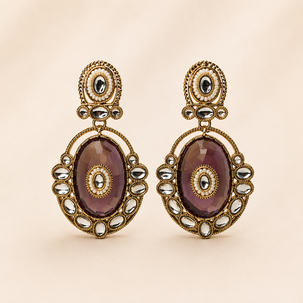 Antique Gold-Toned Amethyst Purple &amp; Pearl Statement Drop Earrings