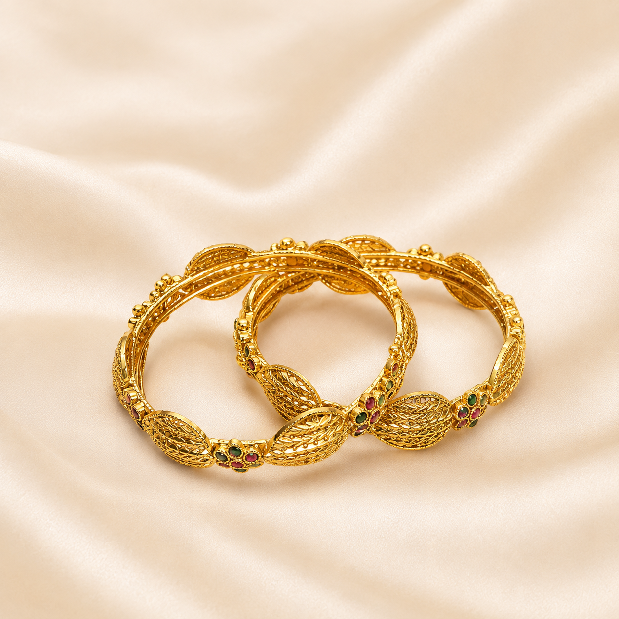 Traditional Gold-Toned Leaf Motif Filigree Bangles with Ruby &amp; Emerald Accents (Set of 2)