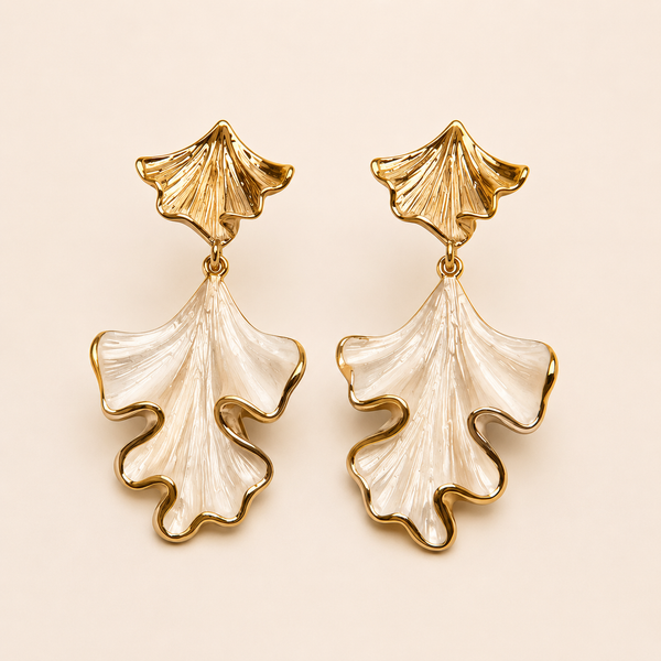 Aurora Leaf Pearl Gold Drop Earrings