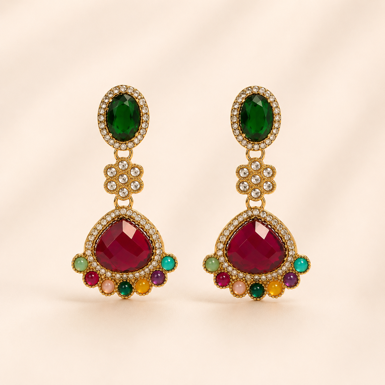 Regal Gold-Toned Emerald, Ruby &amp; Multi-Stone Statement Drop Earrings