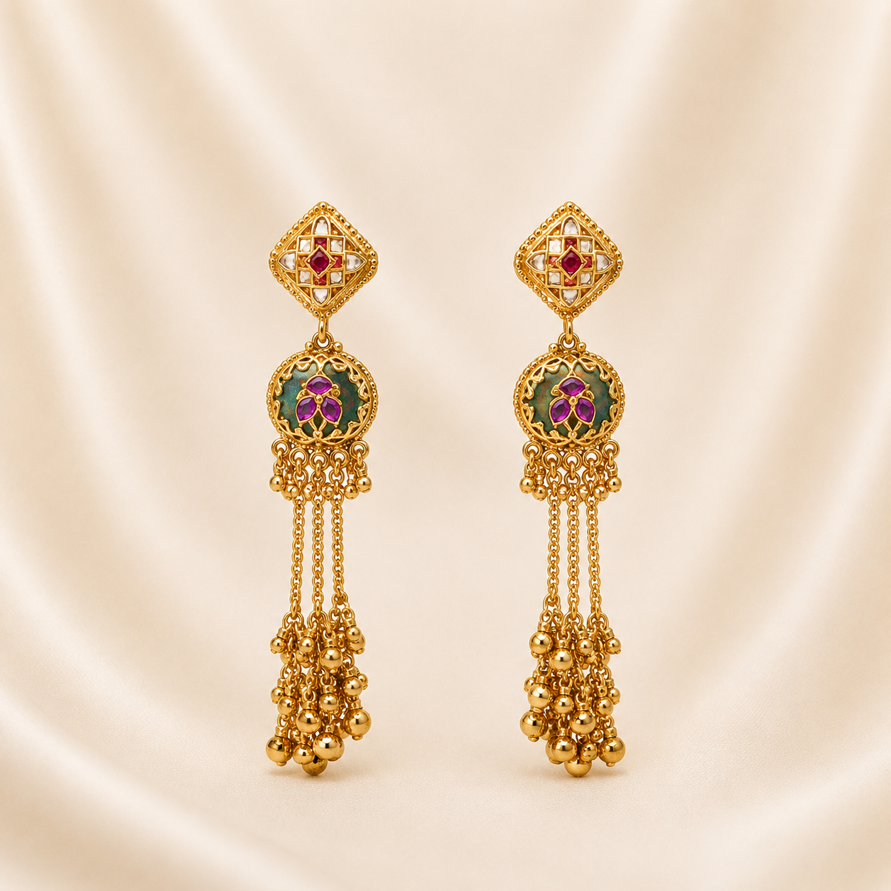 Regal Antique Gold-Toned Goddess Lakshmi Temple Earrings with Emerald-Green Drops &amp; Pearls