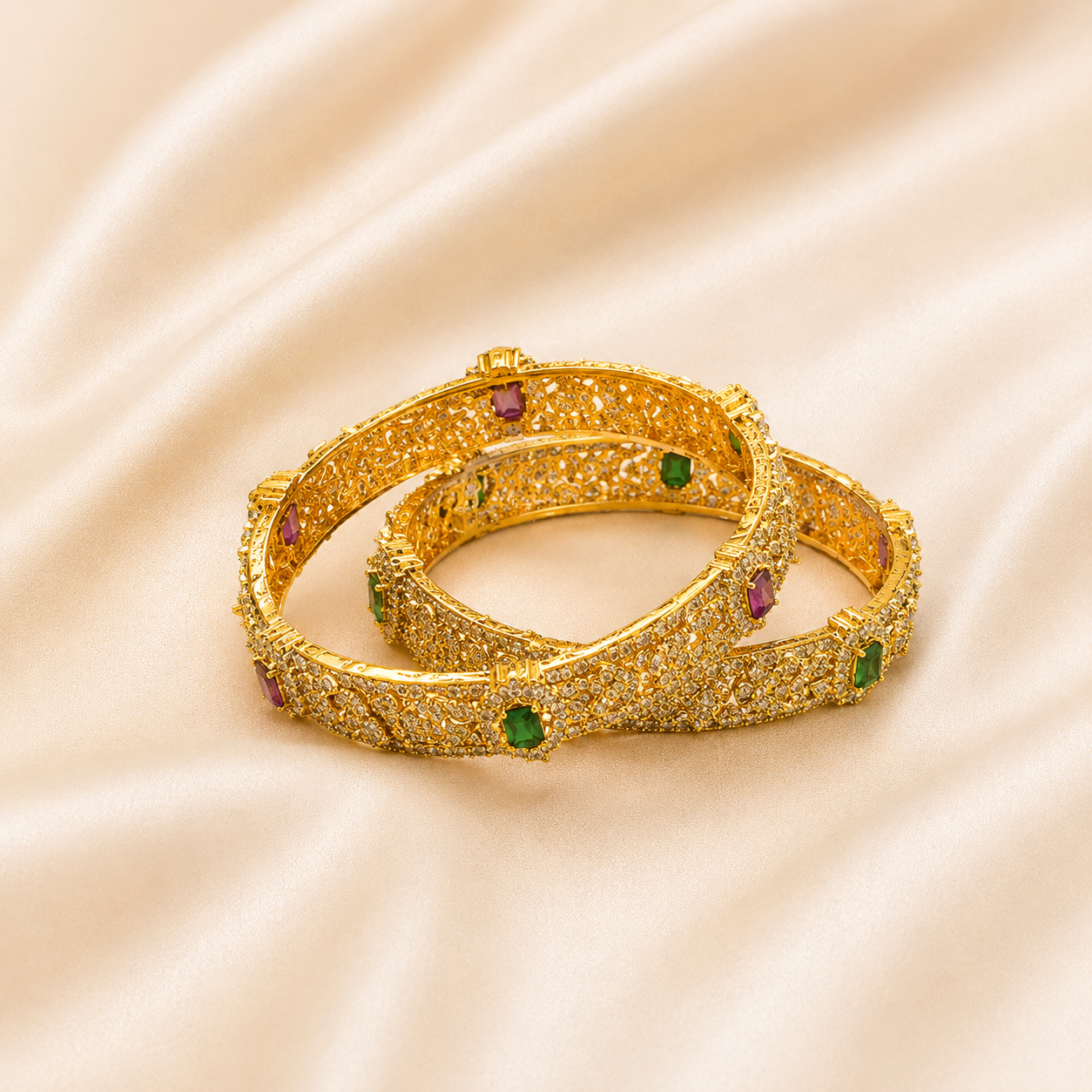 Exquisite Gold-Toned Filigree Bangles with Clear, Ruby &amp; Emerald Stones (Set of 2)
