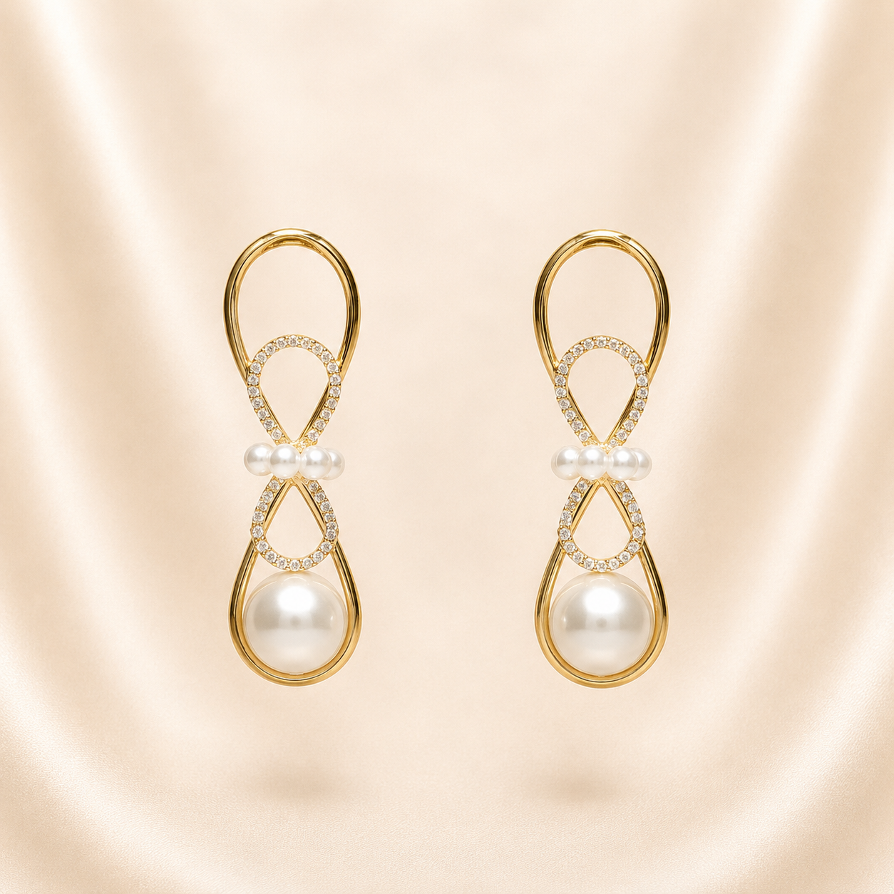 Contemporary High-Polish Gold Infinity Loop Earrings with Pave Crystals &amp; Statement Pearls