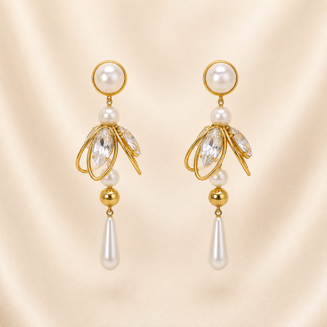 Elegant Gold-Toned Pearl &amp; Marquise Crystal Drop Earrings