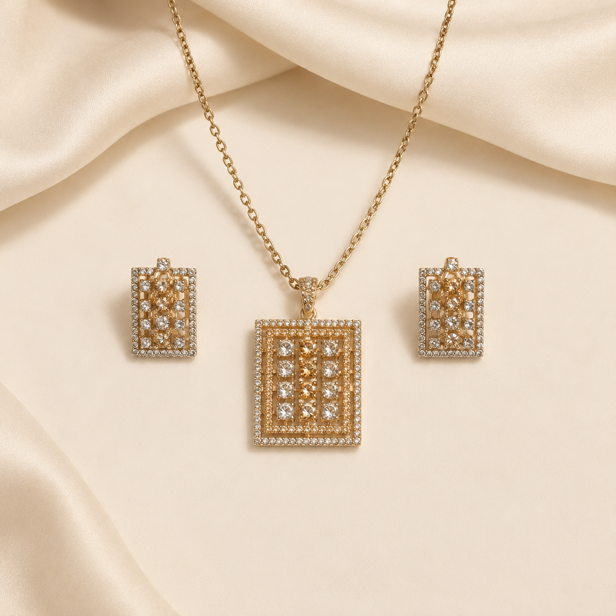 Luxury Gold-Toned Geometric Pave Crystal Pendant &amp; Earrings Set