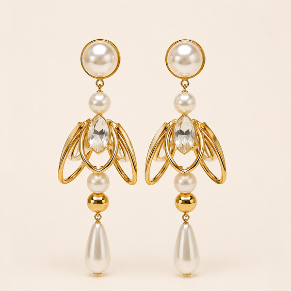 Royal Pearl Crystal Gold Drop Earrings