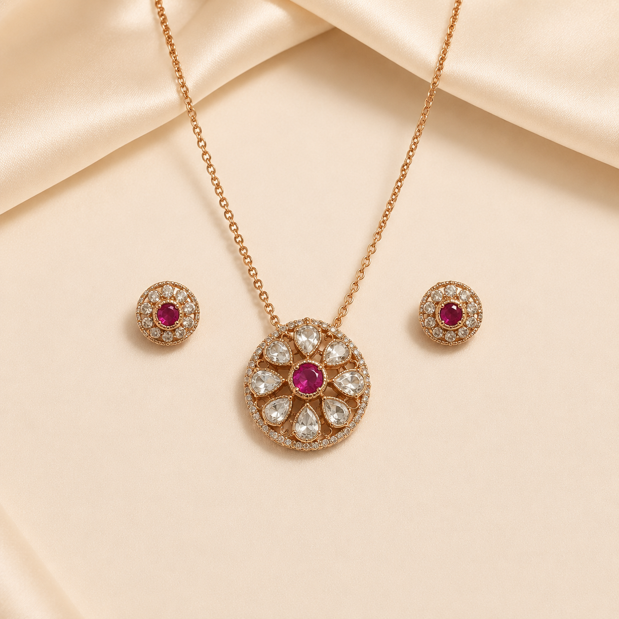 Luxury Gold-Toned Floral Halo Pendant Set with Ruby-Red &amp; Clear Crystals