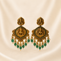 Regal Antique Gold-Toned Goddess Lakshmi Temple Earrings with Emerald-Green Drops &amp; Pearls