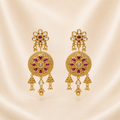 Ornate Antique Heritage Jhumkas with Triple Ear Chains &amp; Ruby-Red Accents